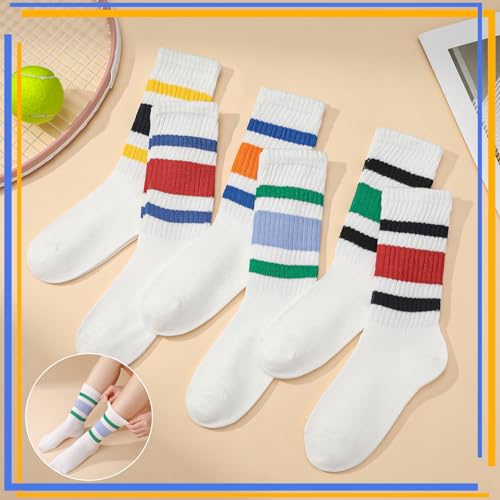 Image of Jspupifip 6 Pair Retro Striped Socks for Women Vintage Crew Soft Comfortable Fashionable Casual Vintage Crew Calf Tube Sock (White)