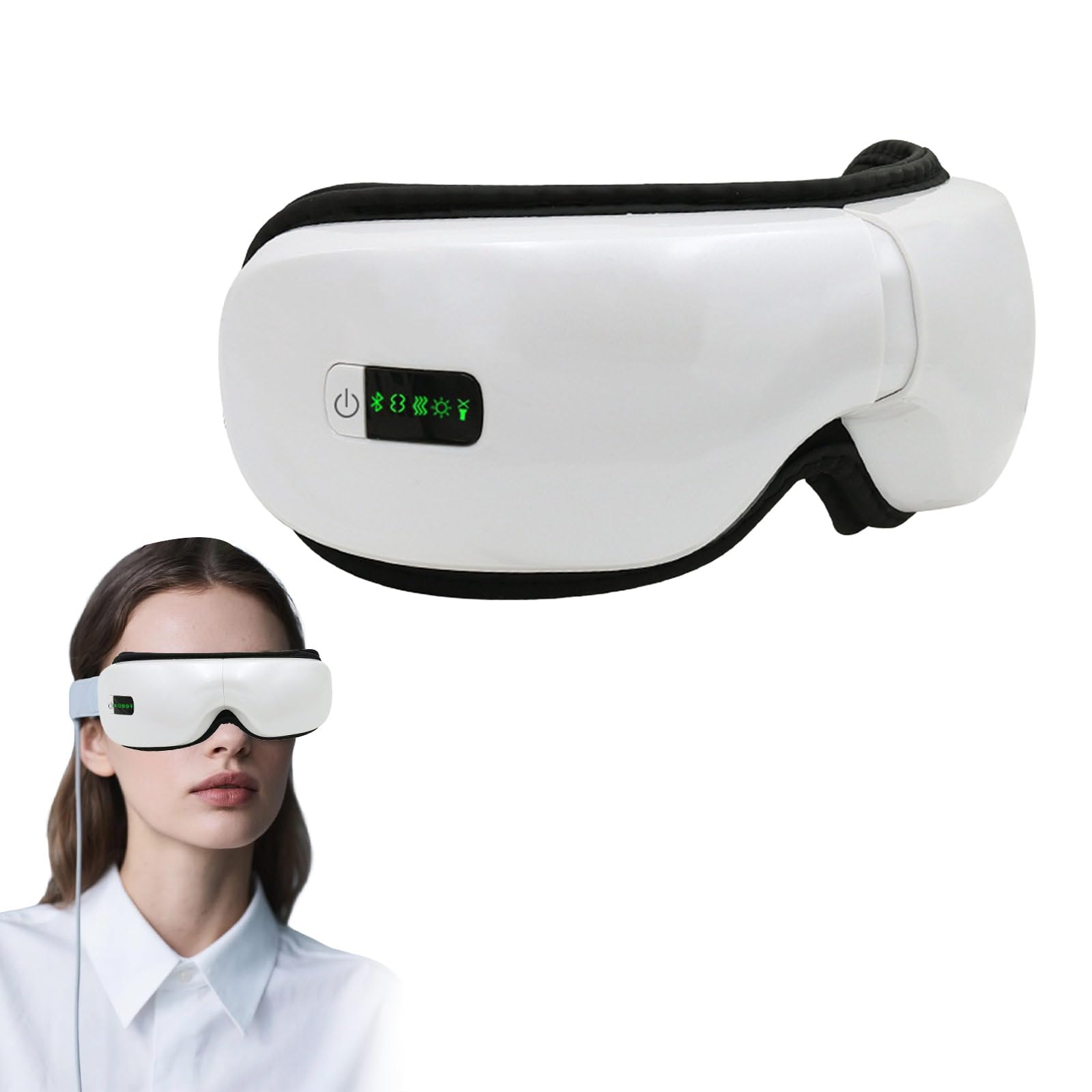 Masajeador ocular con calefacción, máscara de masaje de ojos de 5 modos, música Bluetooth, dispositivo de cuidado ocular plegable 180° para fatiga ocular, ojos secos, ojeras, blanco