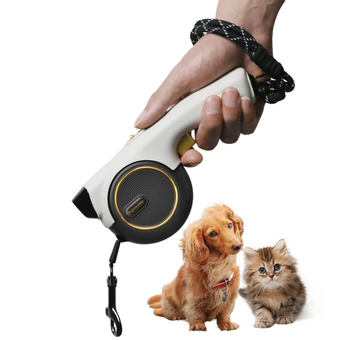 Nightwalker 4m Retractable Dog Lead with Built-In LED Light Perfect for Small dogs, Cats and Pets, Reflective Extendable Dog Leash (Stone)