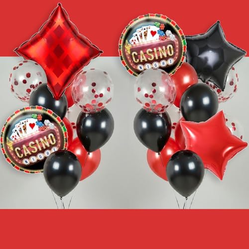 Image of AMFIN (Pack of 25) Casino Theme Foil Balloon Set, Elevate Your Party, Diamonds - Black, Red
