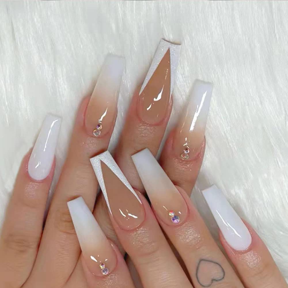 YoYoee Long Coffin Press on Nails French False Nails Gradient Fake Nails Rhinestone Nails Tips for Women and Girls 24 PCS