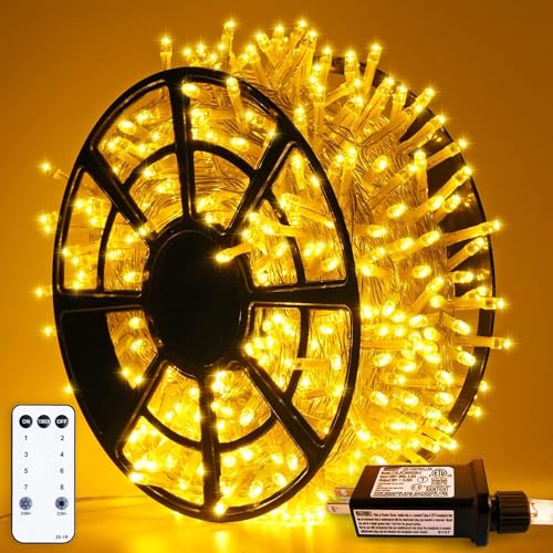 JMEXSUSS 163ft 500 LED Warm White Christmas Lights Outdoor, Plug-in Outdoor String Lights with Remote Control, Clear Wire 8 Modes Christmas Tree Lights for Xmas Bedroom Tree