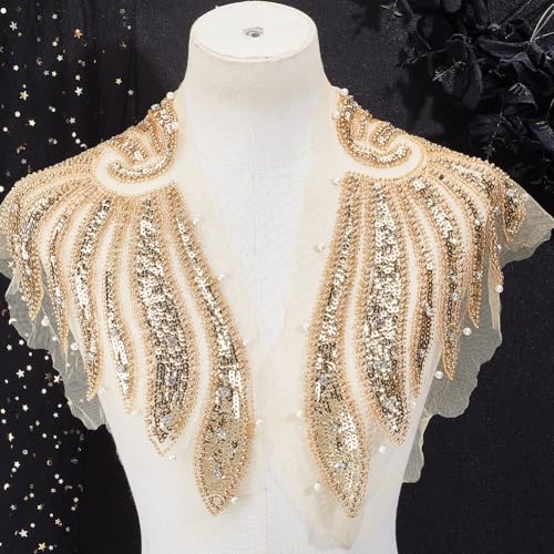 CABODYALS 2Pcs 2 Styles Angel Wings Applique 3D Gold Sequin Lace Appliques Rhinestone Pearl Beaded Large Embroidered Sew on Tulle Patches for Sewing Making Crafts Clothes Bag Dresses Supply - Image 4