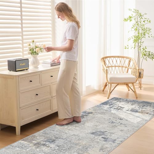 3X8 Washable Runner Rug for Hallway: Soft Neutral Modern Abstract Area Rug - Non-Slip Low Pile Long Throw Indoor Carpet for Kitchen Entryway Kitchen Bedroom Laundry Bathroom- Blue Grey