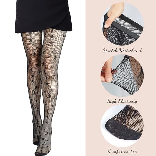 Geyoga 4 Pcs Halloween Fishnet Tights Spiderweb Tights Goth Skull Fishnet Stocking for Women(Star, Moon)2