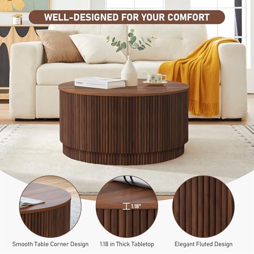 Image of 31.5 inch Round Coffee Table with Storage, Mid Century Modern Coffee Tables with Fluted Base, Wooden Circle Accent Center Table for Living Room Small Space Apartment Office (Walnut)