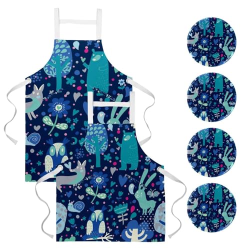 Lot de 2 tabliers de cuisine à motif floral forêt bleue avec 4 broches