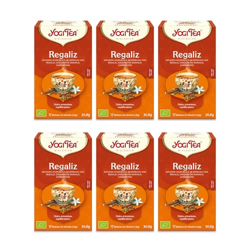 Yogi Tea, Regaliz Bio - Infusión Ayurvédica - Mezcla de Regaliz, Cáscara de Naranja y Cardamomo - Sin Cafeína - Pack de 6x17 bolsitas (102 bolsitas en total)