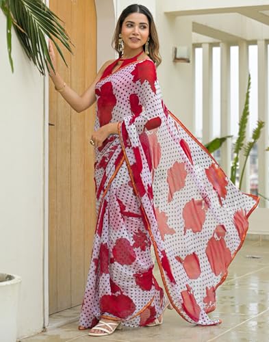 Image of SIRIL Women's Chiffon Printed Saree with Unstitched Blouse Piece