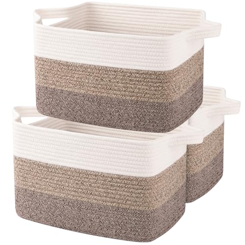 Image of OIAHOMY Storage Basket, Woven Baskets for Storage, Cotton Rope Basket for toys,Towel Baskets for Bathroom - Pack of 3, Gradient Dark Brown