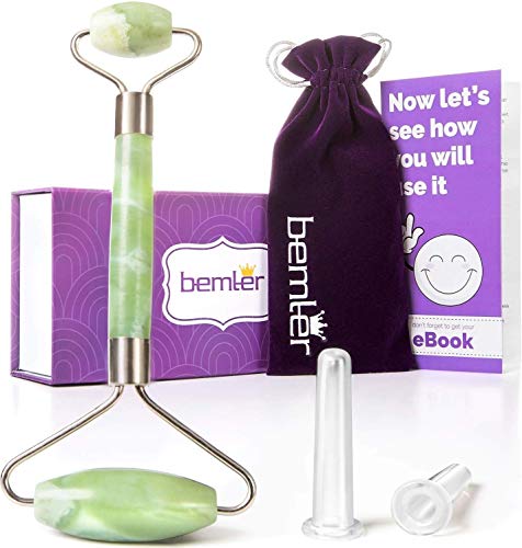 Real Jade Roller for Face Massage | Face Roller Massager + Eye Cupping Set + Anti Aging Advice eBook | Facial Skin Lymphatic Drainage Stone Jade Rolling | 100% Natural Therapy for Wrinkles