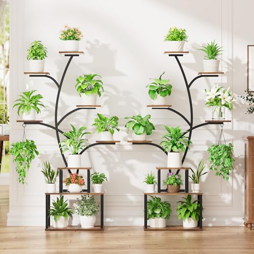 Image of Plant Stand Indoor with Grow Lights - Large Plant Shelf Indoor, 63 inch 8 Tier Tall Plant Stands for Multiple Plants, 2 Pack Lighted Corner Flower Shelf, Tree-Shaped Metal Holder for Living Room, Black