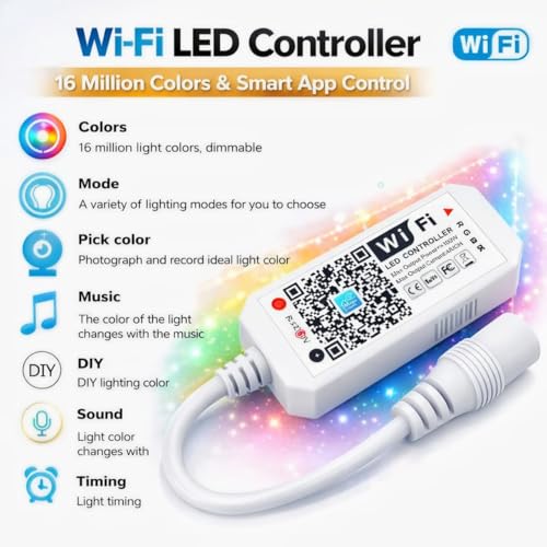 Image of Smart RGB Strip Light - Bluetooth & WiFi, White PCB, 60 LEDs /m, App & Group Control, Music & Dynamic Modes, Copper PCB, 5M Strip with WiFi Controller &12V Adapter(WiFi- Bluetooth APP Set)