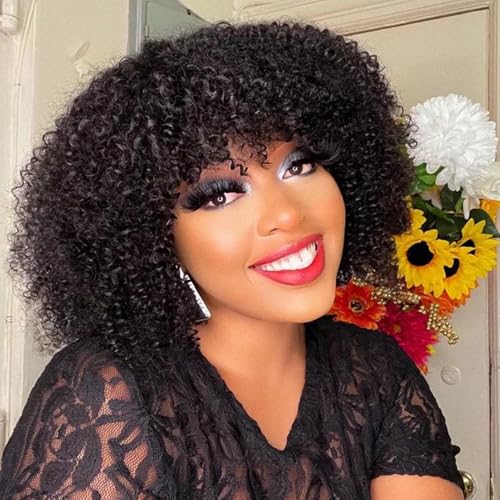 Joedir HAIR Short Kinky Curly Wig with Bangs Human Hair for Black Women Short Curly Bang Wig 250% Density Curly Bob Glueless Wig (Black, 12 inch)