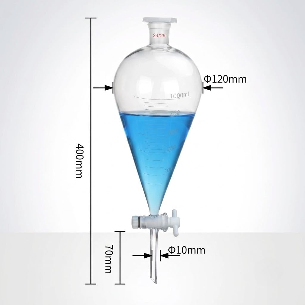 Embudo Decantación Vidrio Borosilicato Llave PTFE Matraz Graduado-1000mL 24/29
