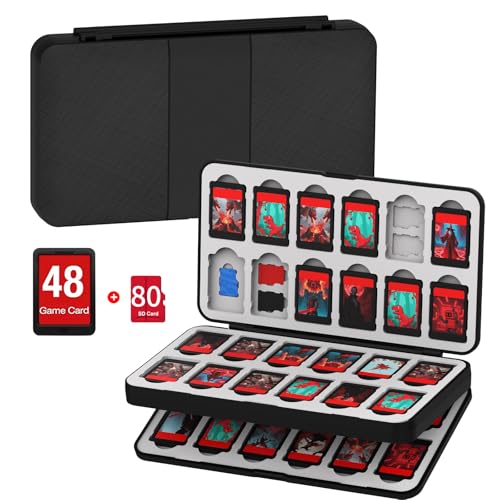 Image of QuoLumPIA 48 Game Card Case Compatible for Nintendo Switch 2 /OLED /Switch /Switch Lite, storage 48 Game Cards & 80 Micro SD cards, Black, hard shell, magnetic closure, soft silicone linning
