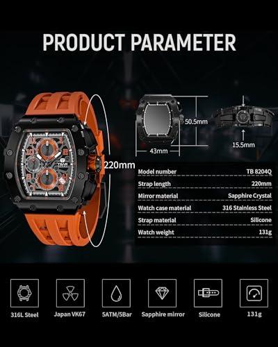 Image of TSAR BOMBA Men's Luxury Quartz Watch, Luminous Dial 5ATM Water Resistance Silicone Strap Men's Wristwatch Ideal Gift for Men