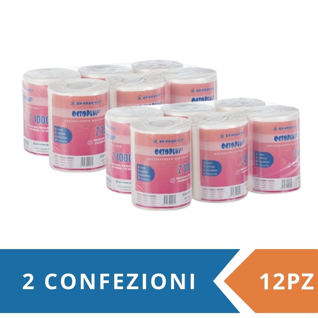 ZPAPER - 12 Rotoli Asciugatutto - Rotoloni Asciugatutto carta multiuso. Pura Cellulosa, 2 Veli, Anima a Spirale. Bobine carta asciugatutto