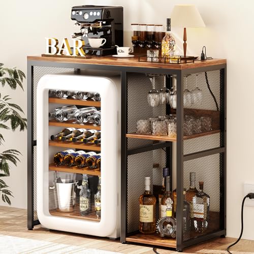 Image of Homieasy Mini Fridge Cabinet Stand with Power Outlet, Coffee Bar Cabinet with Mini Fridge Space, Bar Stand with Microwave Shelf with Wine Rack for Kitchen, Dorm, Rustic Brown