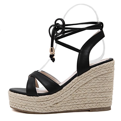 MAKEGSI Womens Jute-rope Middle Wedge Heel Summer Shoes Flip Sandals Lace Up - Image 4