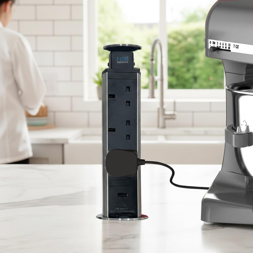 Pop-Up Power Sockets Kitchen Power Extension, 3xUK, 230V, BS1363, 2xUSB Mobile Phone, Charging USB Type A + USB Type C. Stainless Steel Cover Design for modern Kitchens. GMARK and SASO cert TUV.