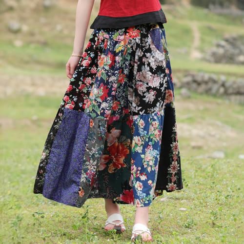 Women's Bohemian Floral Patchwork Maxi Skirts 2025 Festival Trend Breathable Cotton Yoga & Travel Sundress4