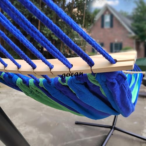 Image of GOCAN Double Hammock 2 Person Large 220x160cm with Steel Stand and Removable Spreader bar Load 500lb, Canvas Cotton Hammocks for Patio Porch Garden Backyard Outdoor and Indoor, Blue