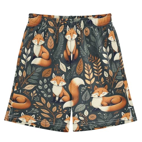 Fox and Leaves Cute Animal Boys Athletic Shorts Kids with Pockets Shorts for boy Girls 12-13 Y Multicolor