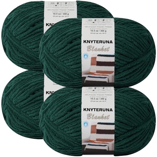 Image of #6 Super Bulky Blanket Yarn for Crocheting - 4 Skeins(Each 10.5oz /300g, 220yds /201m), Chunky Chenille Thick Plush Big Soft Yarn for Crocheting Knitting Blankets, Forest Green