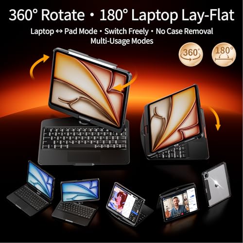 Image of Keyboard Case for Air 13 Inch M4 /M3 /M2 2026 /2025 /2024 & iPad Pro 12.9 inch 3-6 Gen, iPad Case with Keyboard Multi-Touch Trackpad, 360 Rotating Stand, 7-Color 3-Level Backlit, Pencil Holder, Black