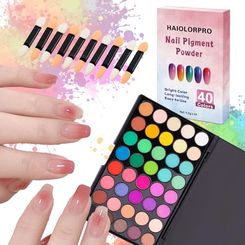 HAIOLORPRO Pigment Powder for Nails 40 Colors Set Colorful Nail Pigment Powder Palette with Iridescent Shades for Ombre & Bold Manicure Home Salon DIY Nail Art Supplies