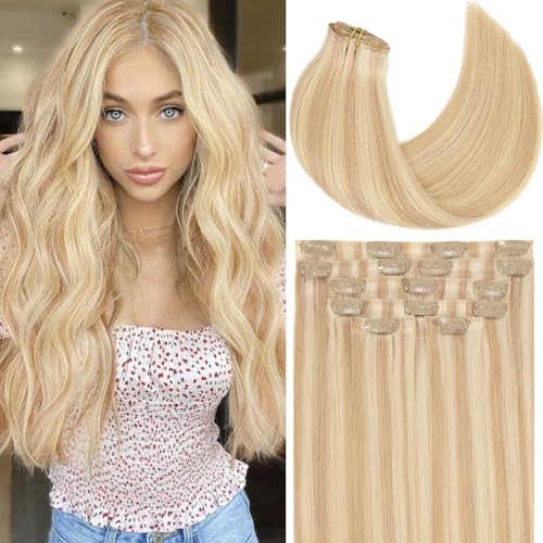 Loxxy Seamless Extensions Clip in Human Hair 16inch Seamless Clip in Hair Extensions Real Human Hair Pu Weft Blonde Hair Clip Extensions for Women Golden Brown Mixed Platinum Blonde 12/60A 110g 7pcs