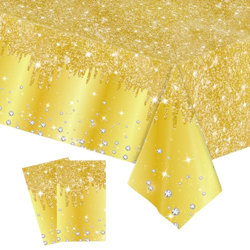 2 Pièces Nappe Plastique Rectangulaire Anti Tache,137*274cm Brillant Nappe de Table Doré Imperméables Extensible,pour Décoration de Table,Fournitures Fête...