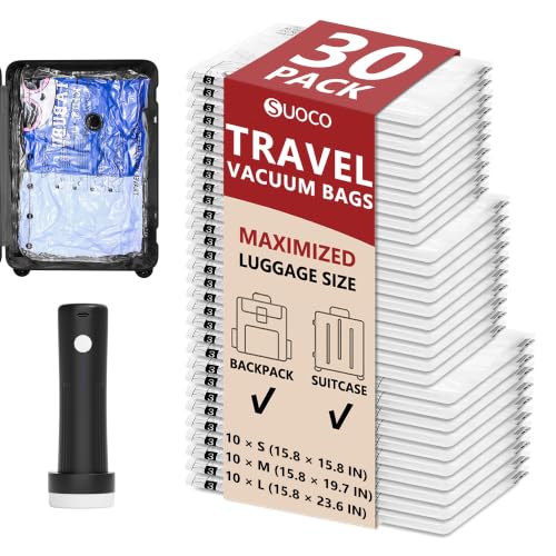 Image of Travel Vacuum Bags for Clothing with Cordless Pump 30 Combo, Clear | Compression Packing Cubes Organizer Storage for Luggage Suitcase, Space Saver Seal Bags for Vacation Cruise