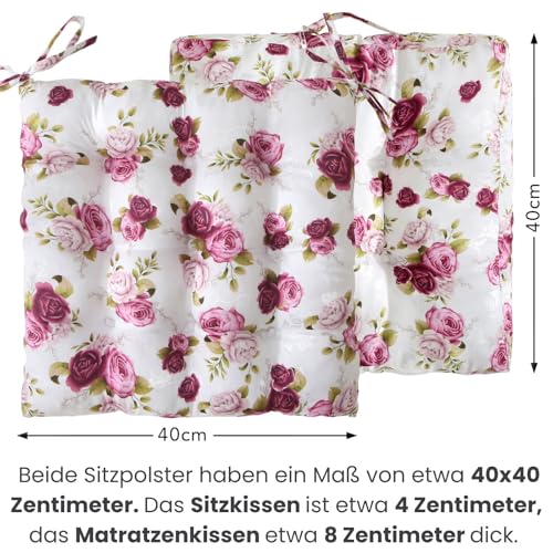 wometo 2er Set Sitzkissen Bodenkissen 40x40 8cm hoch Oeko-TEX - Landhaus Rosen-Motiv rosa pink weiß mit Tragegriff für Indoor und Outdoor