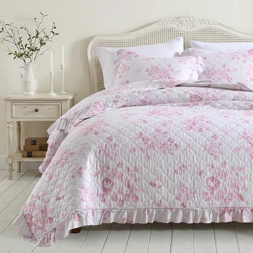 HORIMOTE HOME Pink Ruffled Quilt King Size with 2 Pillow
