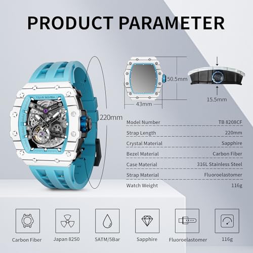 Image of TSAR BOMBA Men's Automatic Watch Tonneau Luxury Skeleton Watches for Men Mechanical 50M Waterproof Analogue Watches Mens Unique Cool Square Big Face Dial Wristwatch with Silicone Strap Band