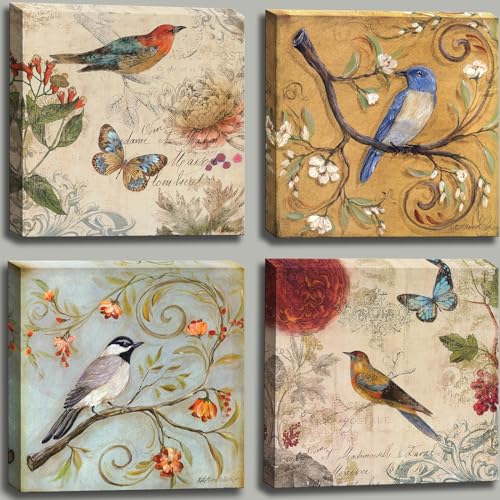 Image of Flowers Birds Canvas Wall Art for Bedroom Floral Wall Decor Butterfly Picture Framed Artwork Vintage Prints Paintings for Bathroom Kitchen Decorations