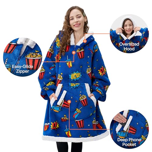 Image of Giggling Getup Wearable Blanket Hoodie for Adults Gifts for Teen Girls Sister Women Sherpa Fleece Printed Hooded Blanket Sweatshirt Warm Cozy with Pocket & Sleeves Blue Popcorn