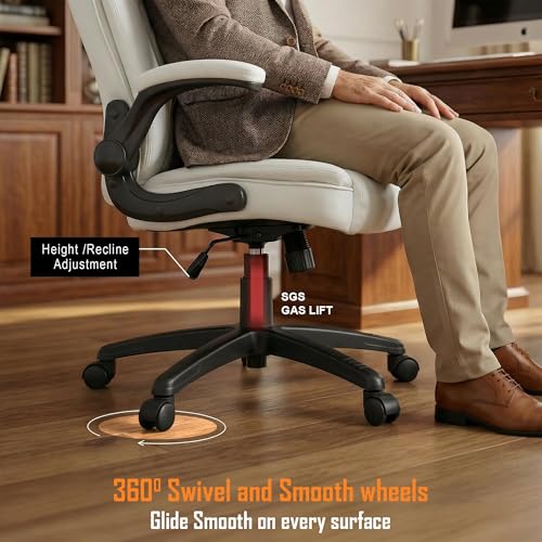 Image of DROGO Dominus Ergonomic Office Chair for Work from Home | Computer Chair for Study | PU Leather Executive Boss Chair with Flip-Up Armrest, Wide Cushion Seat (White)