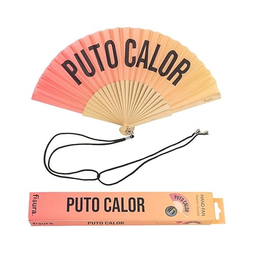 Fisura – Origineller Handfächer mit der Botschaft P*to calor. Moderner und lustiger Holzfächer. Fächer mit Farbverlauf in Rottönen. Fächer mit Fächerhalter. Maße: 42,5 x 23 cm
