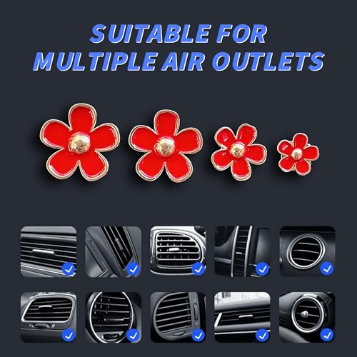 Image of 4PCS Car Daisy Flower Air Vent Clip, Cute Auto Outlet Air Conditioning Clip, Sweet Girly Vehicle Fresheners Gift for Women Girls, Car Interior Decor Universal Fit (Red, Vanilla)