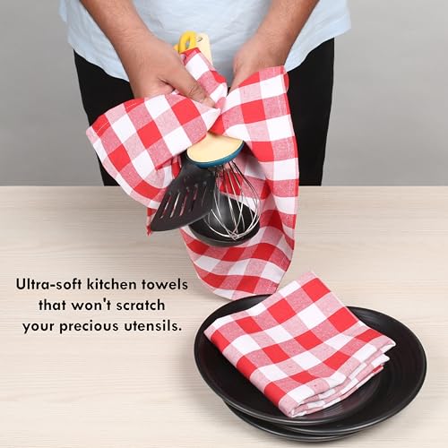 Image of Gingham Check Dish Towels 12 Pack, 18 inchx26 inch, Absorbent Hand Towels for Kitchen Use, Quick Dry Cloths, 100% Cotton, Durable Washable Rags, Reusable Dishcloth Set - Red, White
