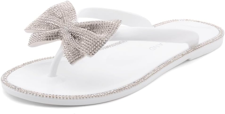 Women's Jelly Flat Sandals, Rhinestone Bow Thong Sandals – Sparkly Flip Flops for Beach & Pool | Comfortable Non-Slip Slides | Cute Bling Strappy Sandals