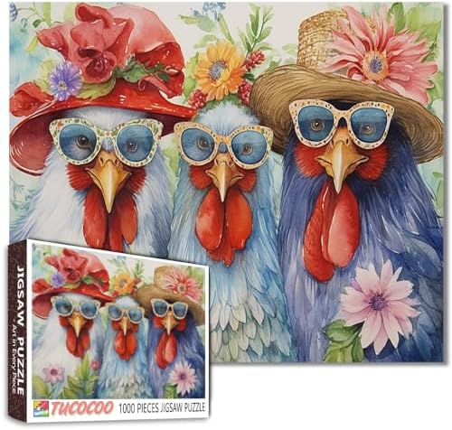 Tucocoo Roosters Jigsaw Puzzles for Adults, 1000 Pieces, Animals Tropical Flowers Artwork Jigsaw Puzzle 24x20 inch, Colourful DIY Puzzles for Home Decoration, Family Puzzle, Perfect for