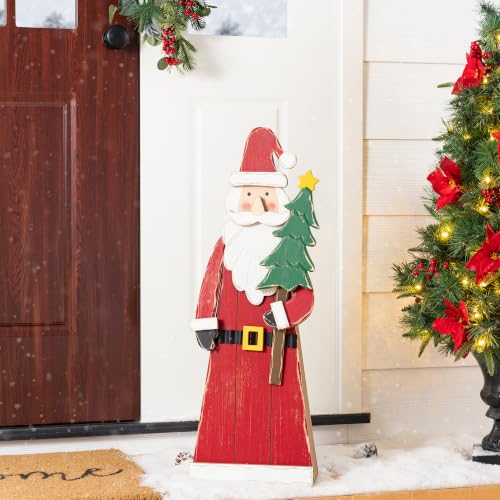 Image of Glitzhome 30 inchH Christmas Chunky Wood Santa Porch Sign,Standing Santa Porch Decor,Rustic Merry Christmas Welcome Sign for Holiday Party Outdoor Indoor Xmas Decorations