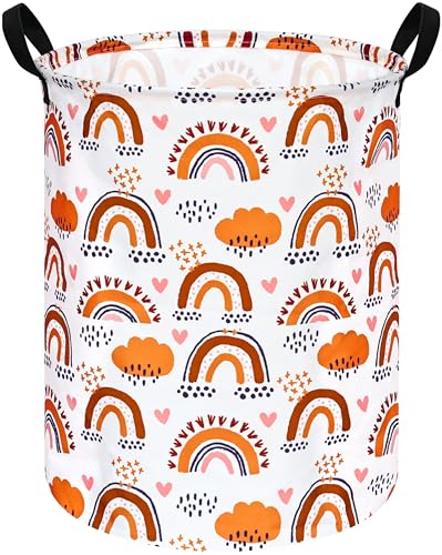 Image of 19.7 inch Round Kids Laundry Basket Gift Basket Storage Laundry Hamper Baby Toys Nursery Bin with Handles,Storage Basket for Kids Room Bedroom Decor (Rainbow)