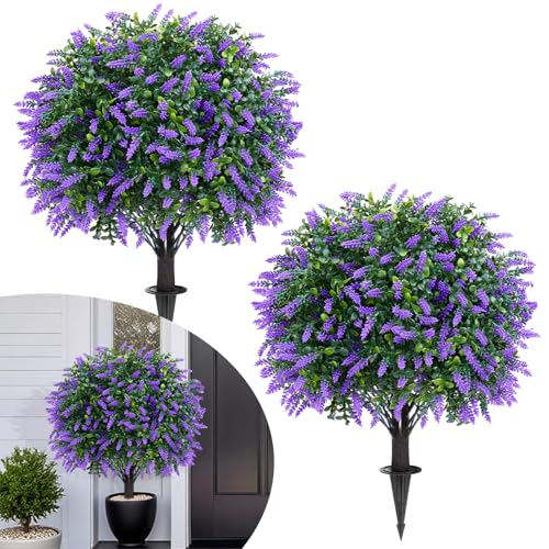 sykart 25.6" Artificial Topiary Ball Trees with Lavender, 2 Pack Artificial Shrubs Bushes with Ground Spike, Fake Plants for Outdoor Front Porch Decor UV Resistant