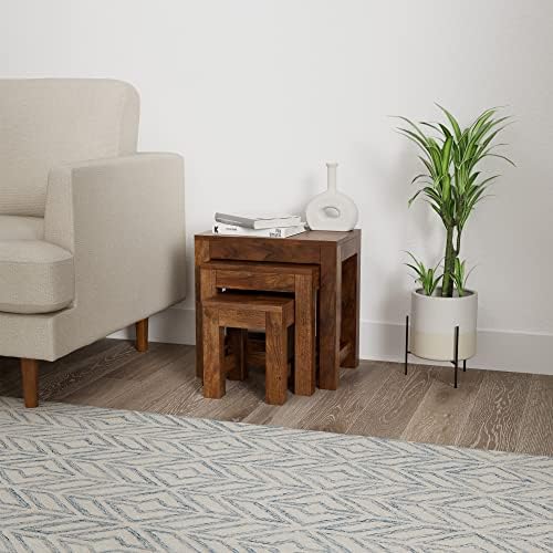 Fine Wood HUB Solid Sheesham Wood Nesting Table Set of 3 Stools Wooden