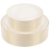 PULOTE 60 PCS Ivory Plastic Plates - Cream Plastic Disposable Include 30 Dinner and 30 Dessert Plates with Gold Rim - Ideal for Party & Wedding